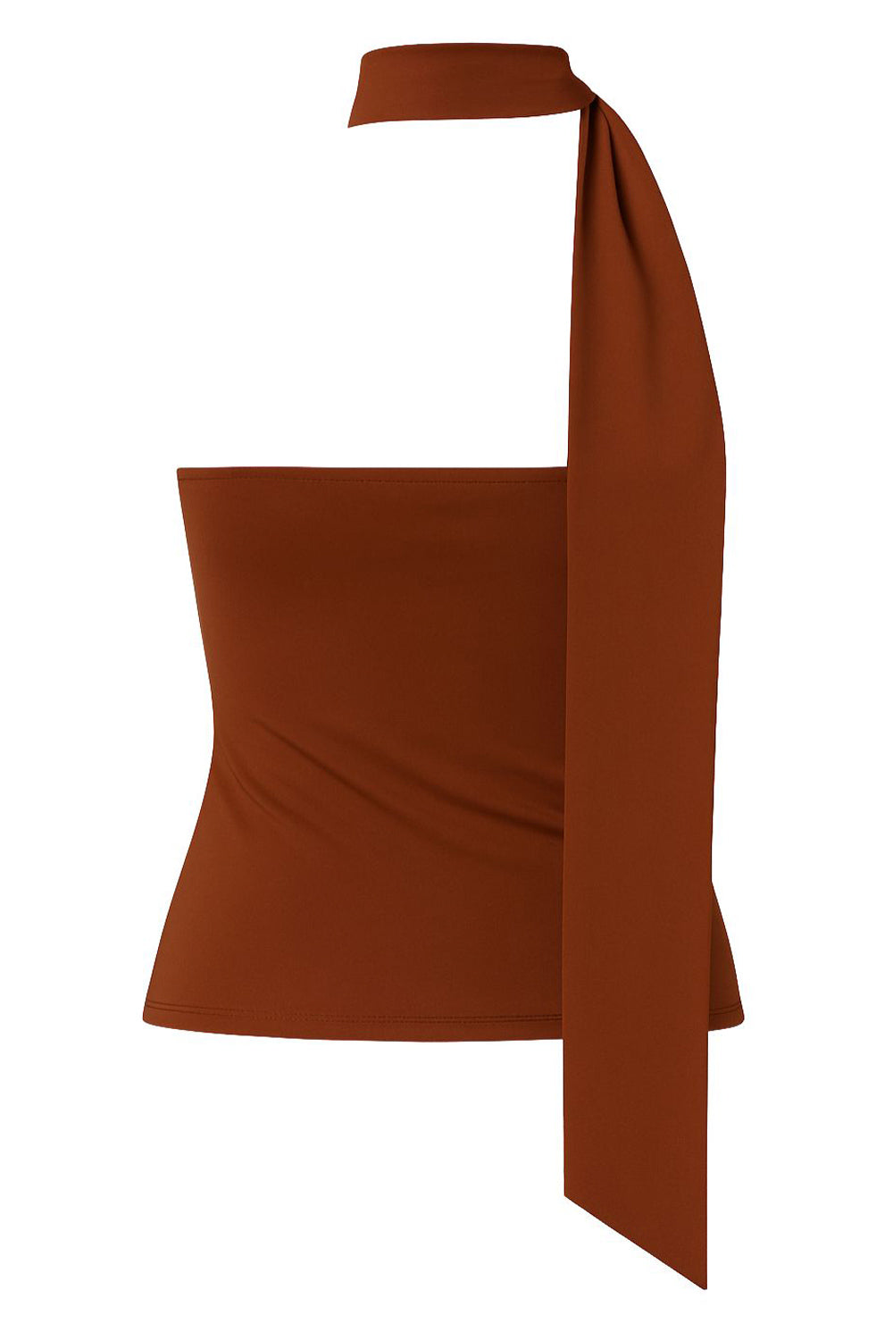 Top de fit ajustado, sin mangas, escote en espalda, cuello halter con plisados y nudo amarrable.