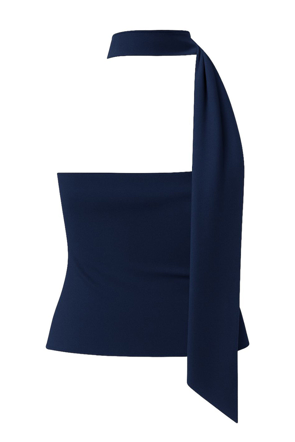 Top de fit ajustado, sin mangas, escote en espalda, cuello halter con plisados y nudo amarrable.