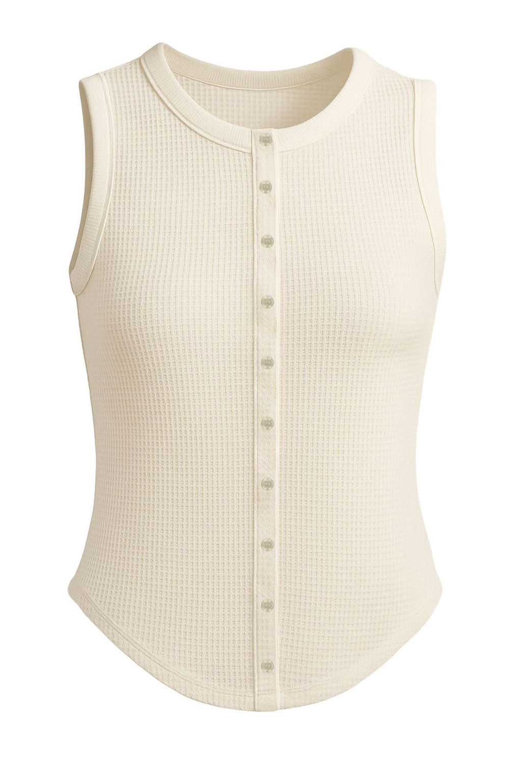 Top de punto, sin mangas, cuello redondo, bajo curveado frontal e hilera frontal de botones. Detalle de rib en bordes.