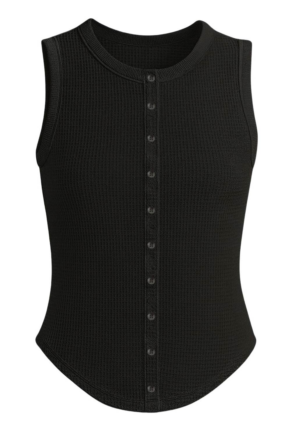 Top de punto, sin mangas, cuello redondo, bajo curveado frontal e hilera frontal de botones. Detalle de rib en bordes.