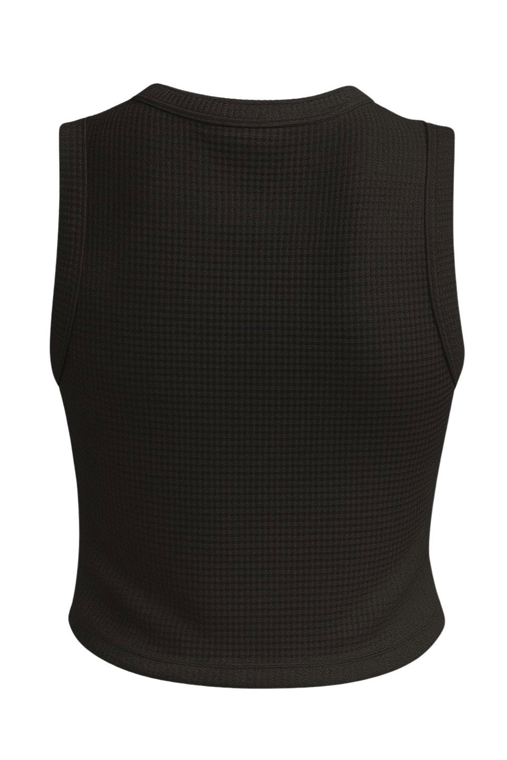 Top de punto, sin mangas, cuello redondo, bajo curveado frontal e hilera frontal de botones. Detalle de rib en bordes.