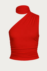 Top satinado asimétrico, de fit ajustado, detalles plisados laterales y en hombro, sin mangas, un hombro, escote diagonal y choker con plisados. Cierre posterior con botón y ojal.