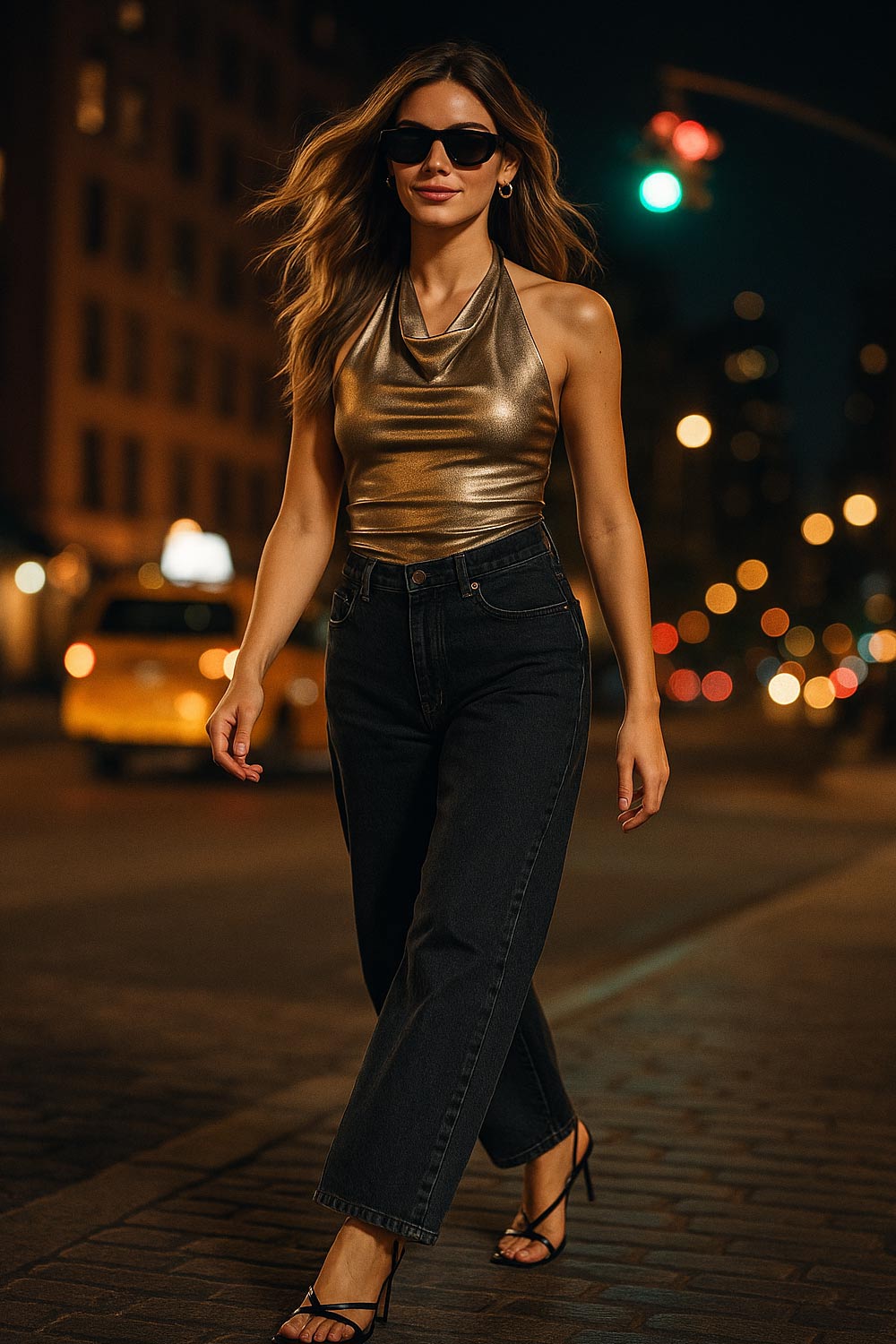 Top corto metálico de cuello halter fluido, sin mangas, fit ajustado y escote en espalda.