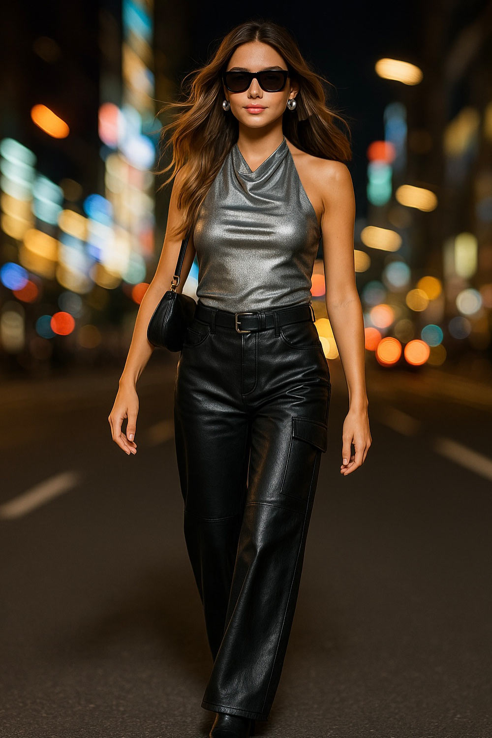 Top corto metálico de cuello halter fluido, sin mangas, fit ajustado y escote en espalda.