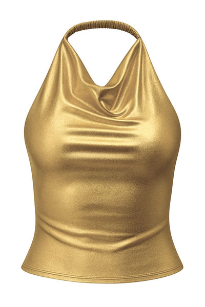 Top corto metálico de cuello halter fluido, sin mangas, fit ajustado y escote en espalda.