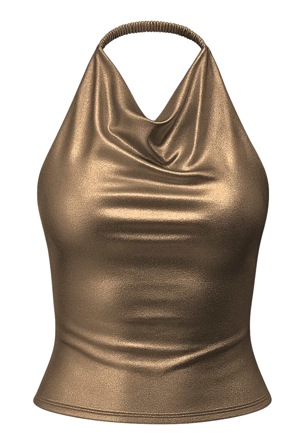 Top corto metálico de cuello halter fluido, sin mangas, fit ajustado y escote en espalda.