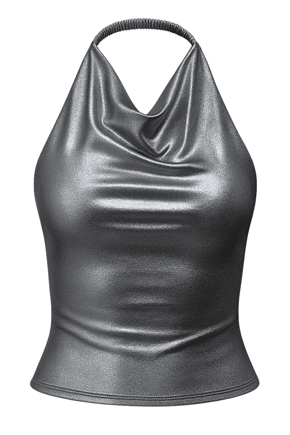 Top corto metálico de cuello halter fluido, sin mangas, fit ajustado y escote en espalda.