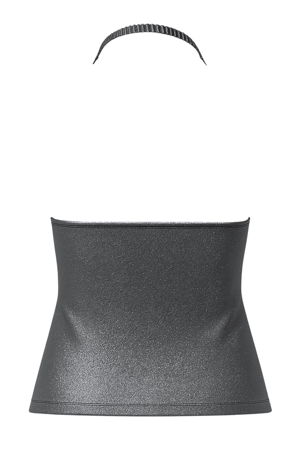 Top corto metálico de cuello halter fluido, sin mangas, fit ajustado y escote en espalda.