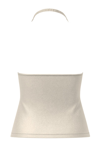 Top corto metálico de cuello halter fluido, sin mangas, fit ajustado y escote en espalda.