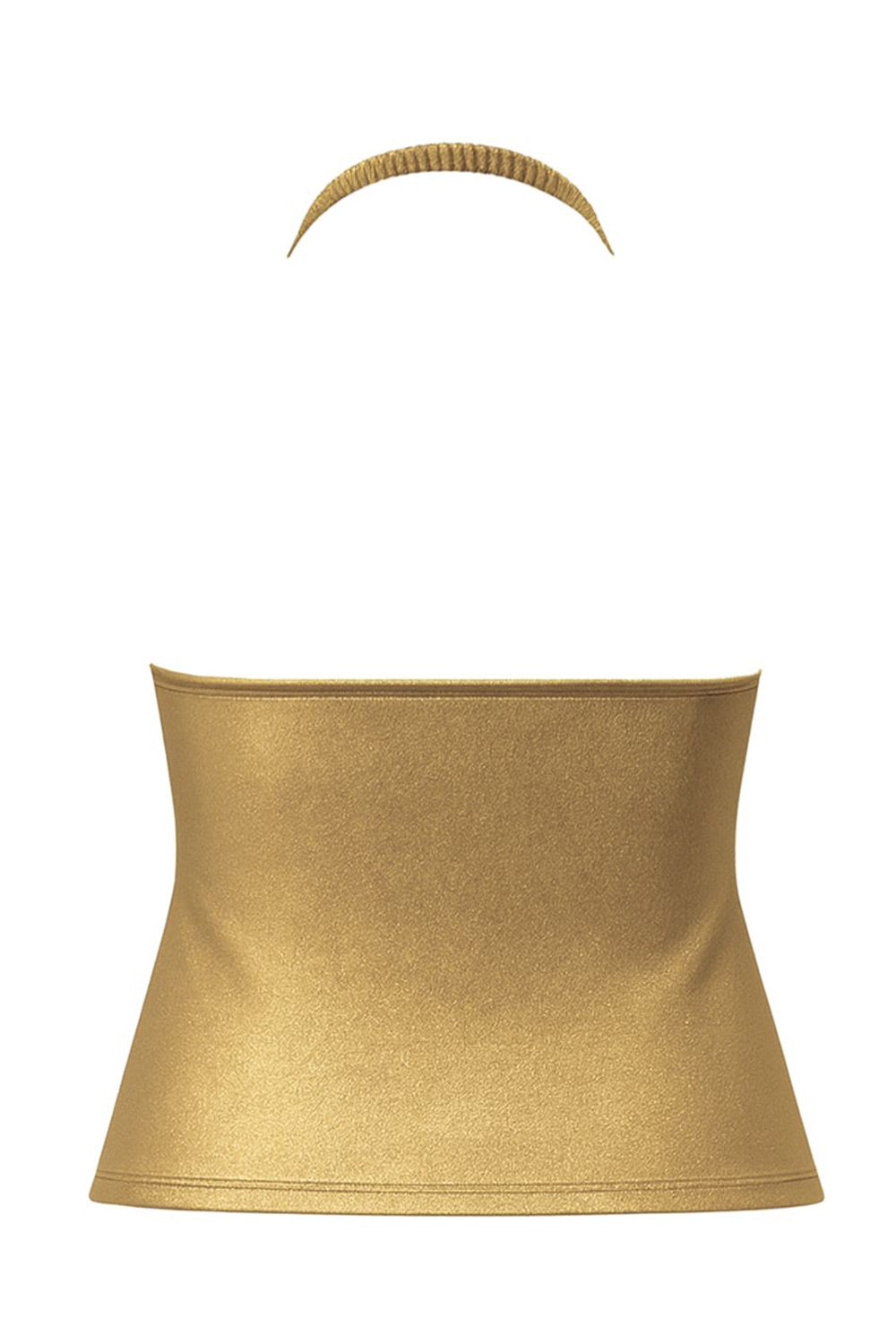 Top corto metálico de cuello halter fluido, sin mangas, fit ajustado y escote en espalda.