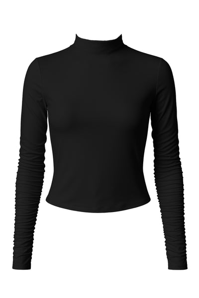 Top básico de fit recto, cuello mock seguido y manga larga.