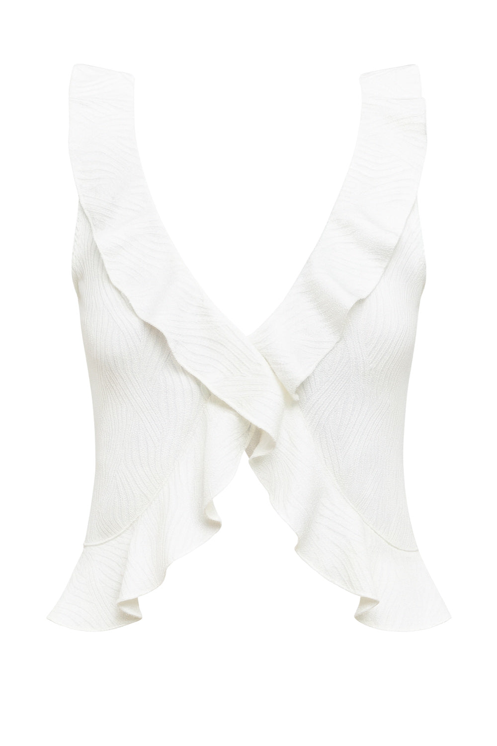 Top corto sin mangas, de fit ajustado, escote v cruzado con olanes en borde, abertura frontal en bajo con olanes y detalle de textura en tejido.