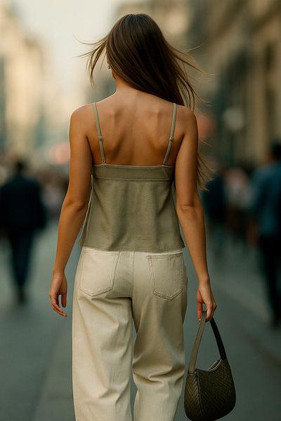 Top corto de escote v con cortes frontales y lazo amarrable, tirantes delgados ajustables y detalle de peplum olanes en bajo.