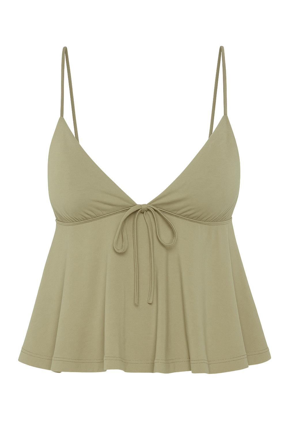 Top corto de escote v con cortes frontales y lazo amarrable, tirantes delgados ajustables y detalle de peplum olanes en bajo.