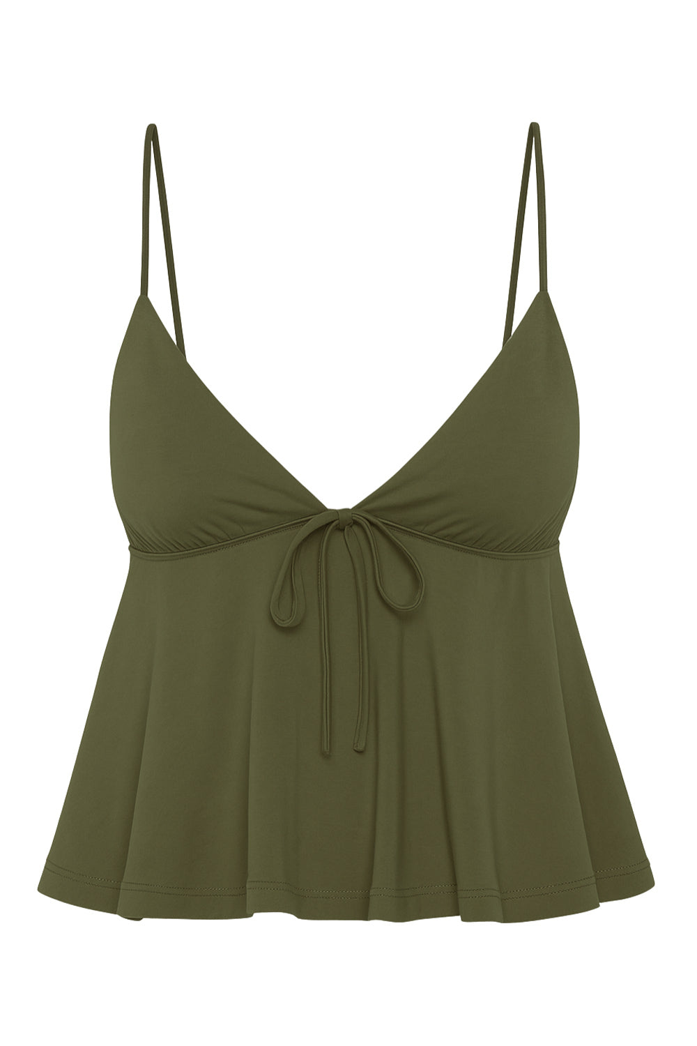 Top corto de escote v con cortes frontales y lazo amarrable, tirantes delgados ajustables y detalle de peplum olanes en bajo.