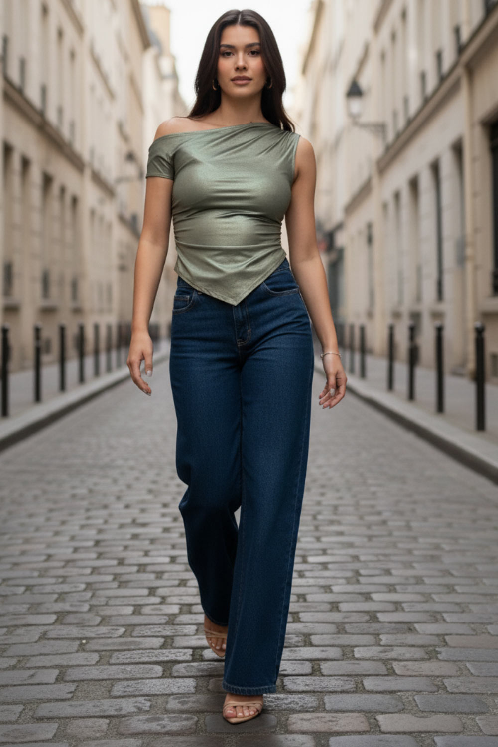 Top metálico asimétrico de fit ajustado, escote diagonal, una manga corta seguida con hombro descubierto, plisados en hombro y bajo frontal asimétrico. Detalle de plisados en costados.