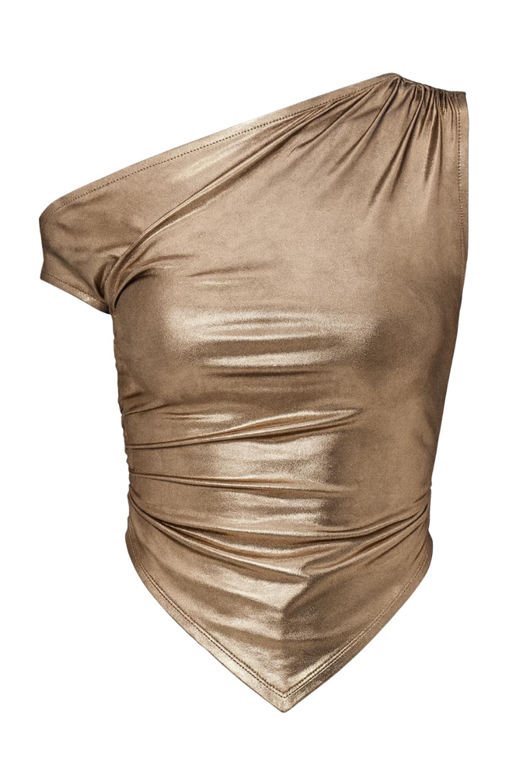 Top metálico asimétrico de fit ajustado, escote diagonal, una manga corta seguida con hombro descubierto, plisados en hombro y bajo frontal asimétrico. Detalle de plisados en costados.