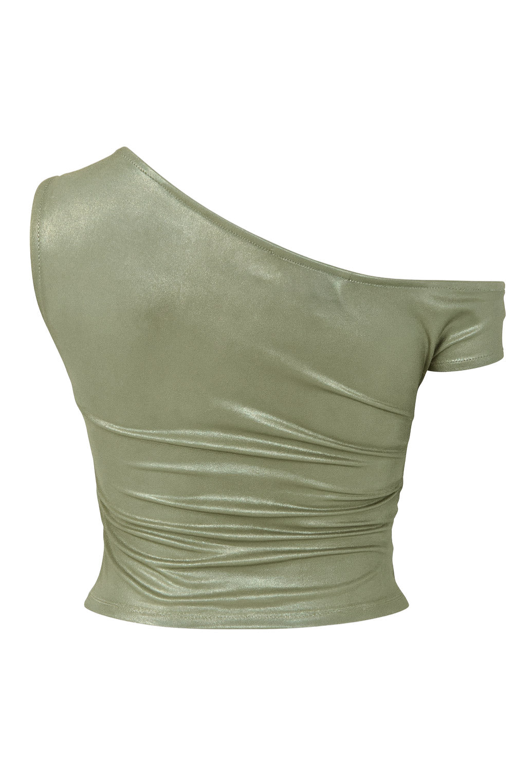 Top metálico asimétrico de fit ajustado, escote diagonal, una manga corta seguida con hombro descubierto, plisados en hombro y bajo frontal asimétrico. Detalle de plisados en costados.