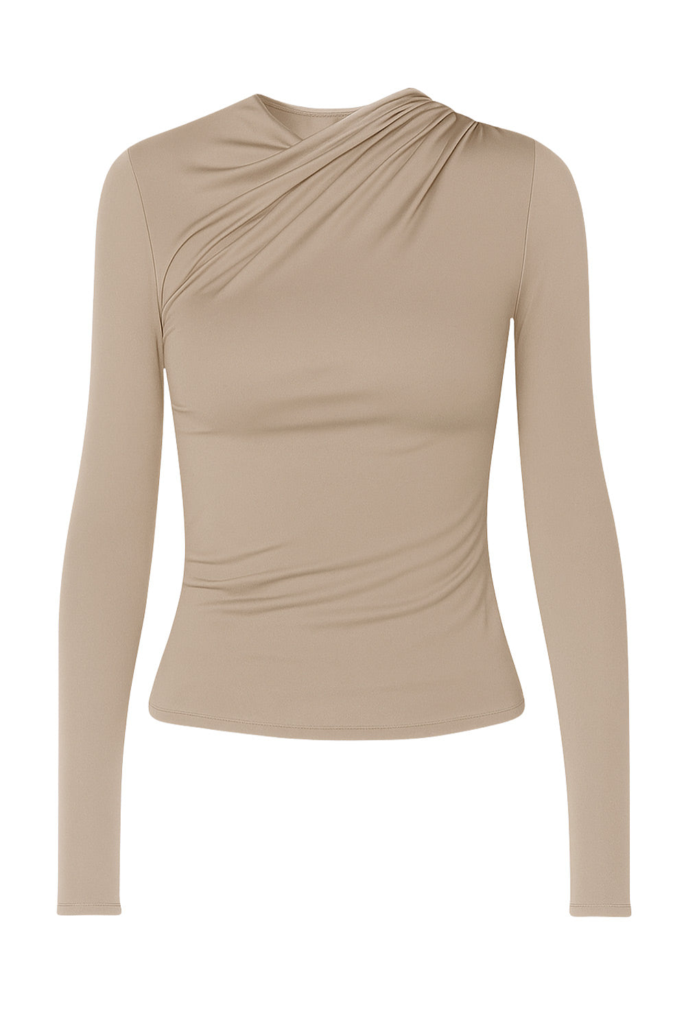 Top básico de fit ajustado, manga larga y cuello redondo con plisados decorativos en hombro.