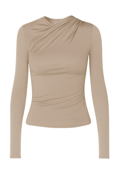 Top básico de fit ajustado, manga larga y cuello redondo con plisados decorativos en hombro.