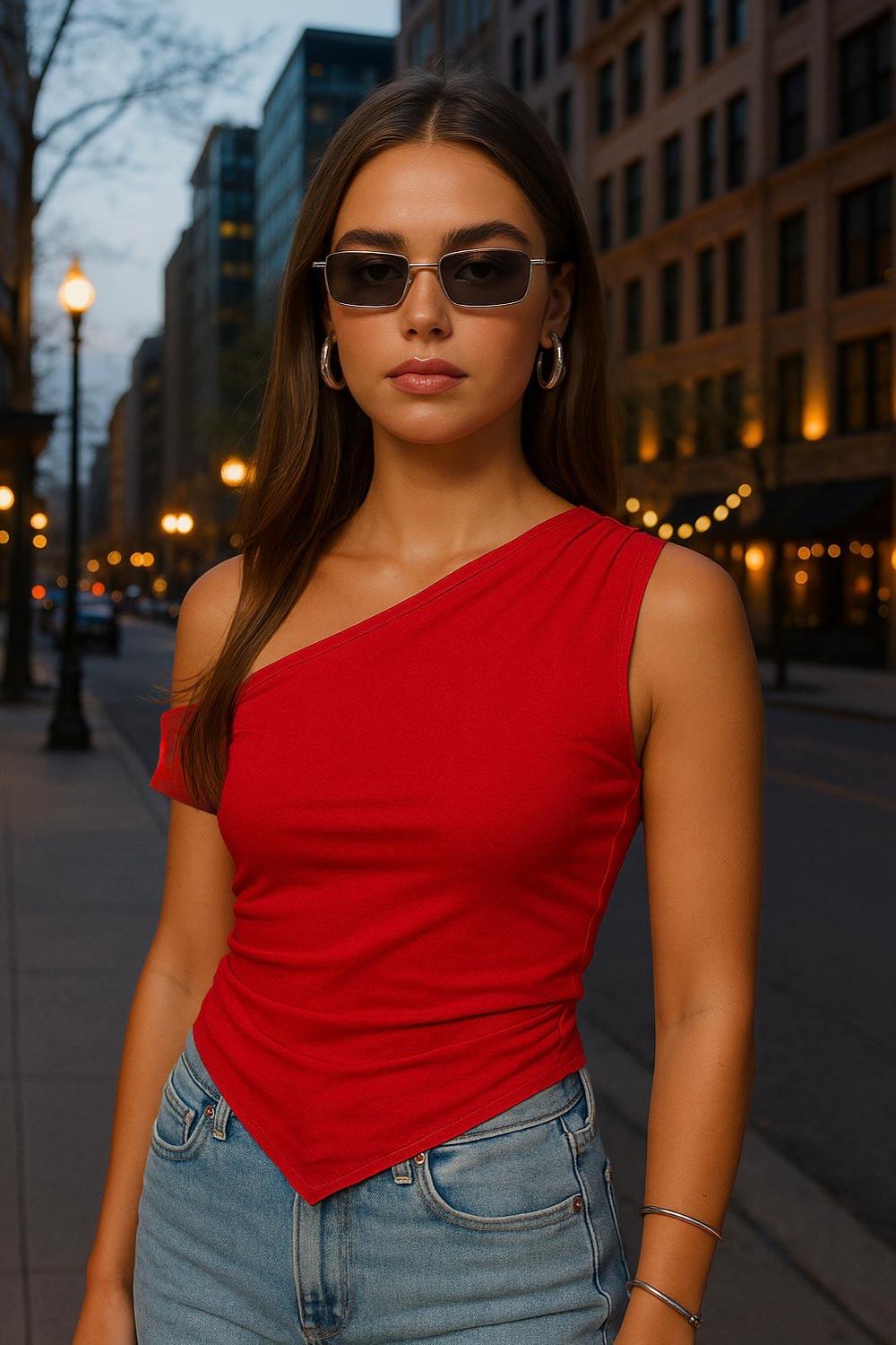 Top ajustado satinado asimétrico de escote diagonal, una manga corta seguida con hombro descubierto, plisados en hombro y bajo frontal asimétrico. Detalle de plisados en costados.