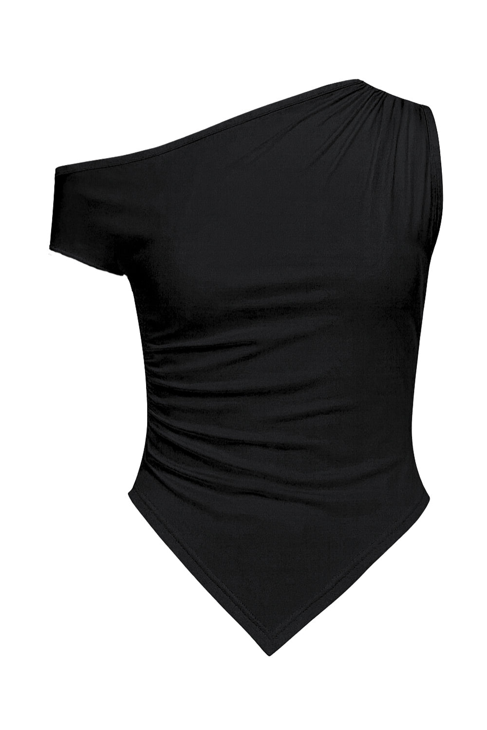 Top ajustado satinado asimétrico de escote diagonal, una manga corta seguida con hombro descubierto, plisados en hombro y bajo frontal asimétrico. Detalle de plisados en costados.