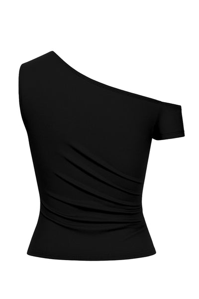 Top ajustado satinado asimétrico de escote diagonal, una manga corta seguida con hombro descubierto, plisados en hombro y bajo frontal asimétrico. Detalle de plisados en costados.