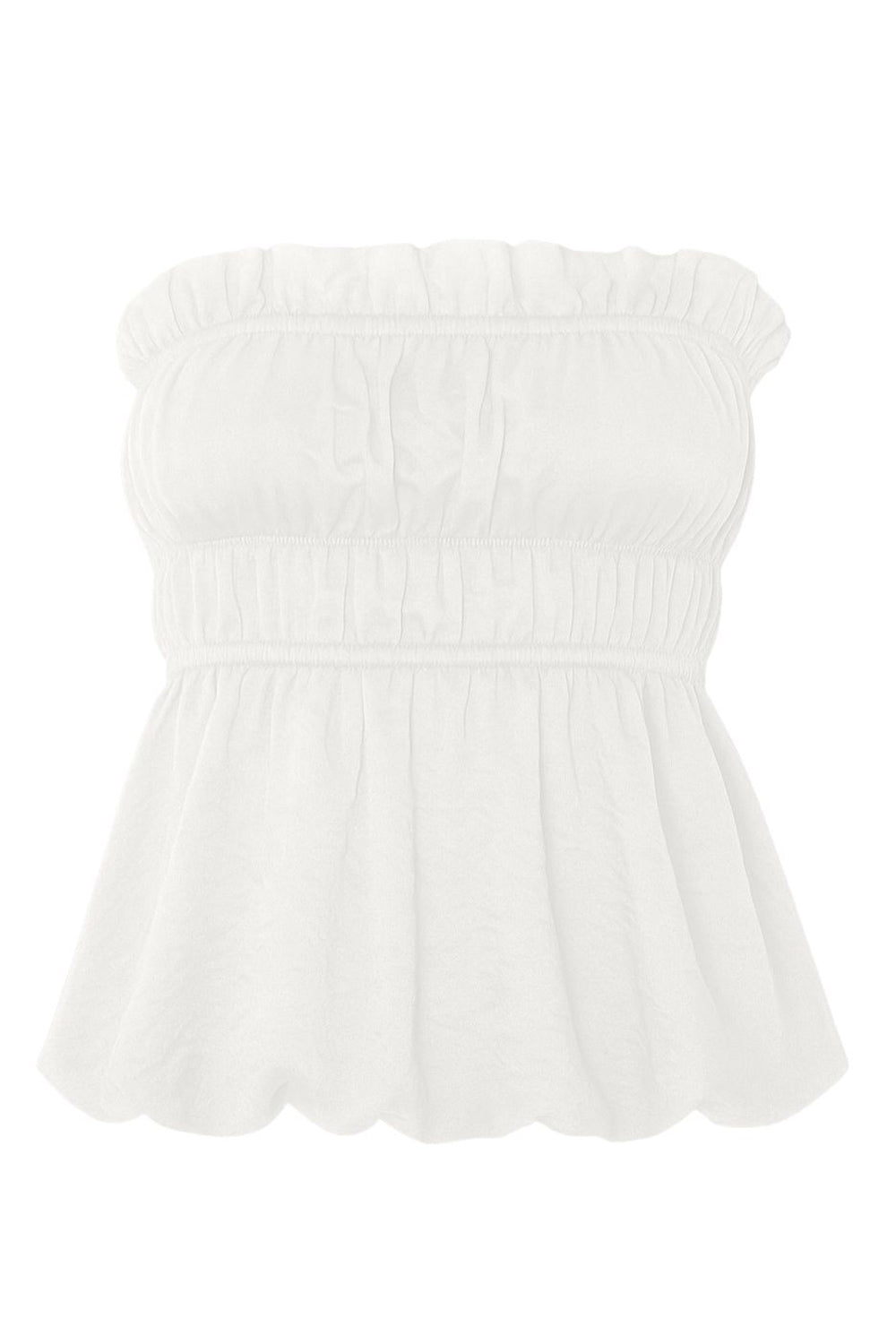 Top strapless con peplum globo, fit ajustado, escote recto con rib elástico y olanes en borde, plisados con rib elástico en cintura y bajo con acabado en volumen.