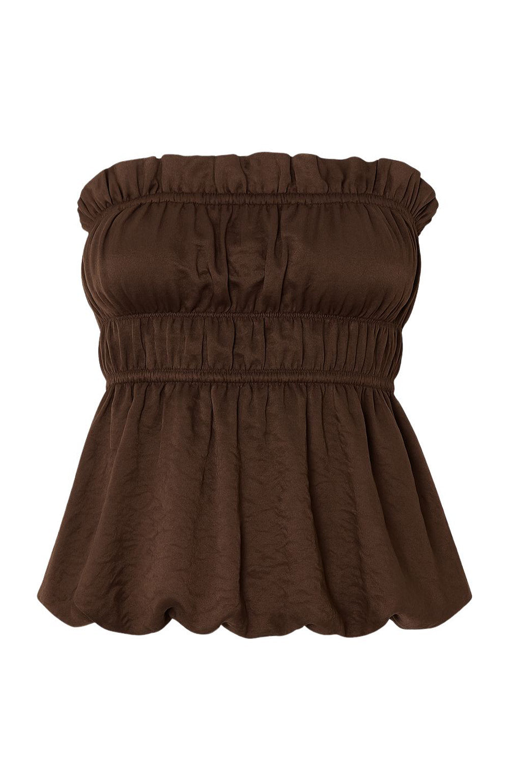 Top strapless con peplum globo, fit ajustado, escote recto con rib elástico y olanes en borde, plisados con rib elástico en cintura y bajo con acabado en volumen.