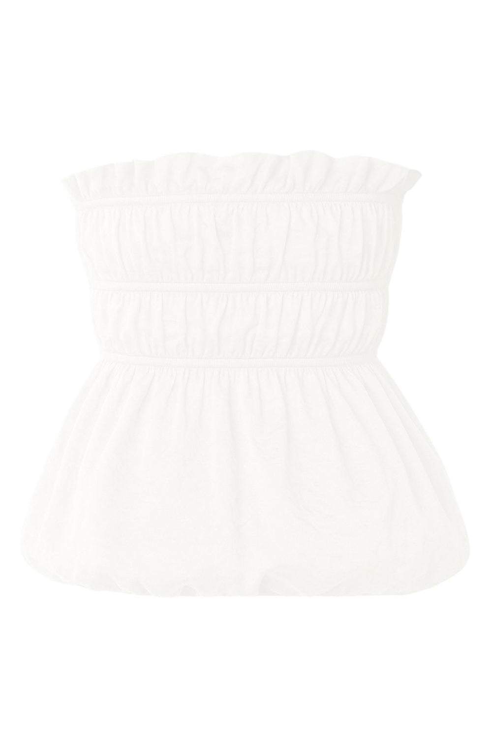 Top strapless con peplum globo, fit ajustado, escote recto con rib elástico y olanes en borde, plisados con rib elástico en cintura y bajo con acabado en volumen.