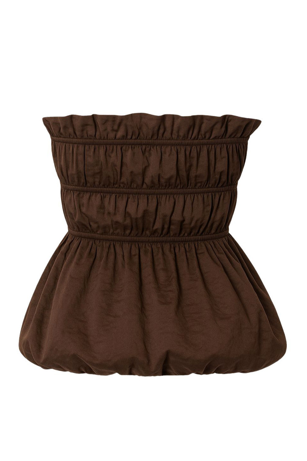 Top strapless con peplum globo, fit ajustado, escote recto con rib elástico y olanes en borde, plisados con rib elástico en cintura y bajo con acabado en volumen.