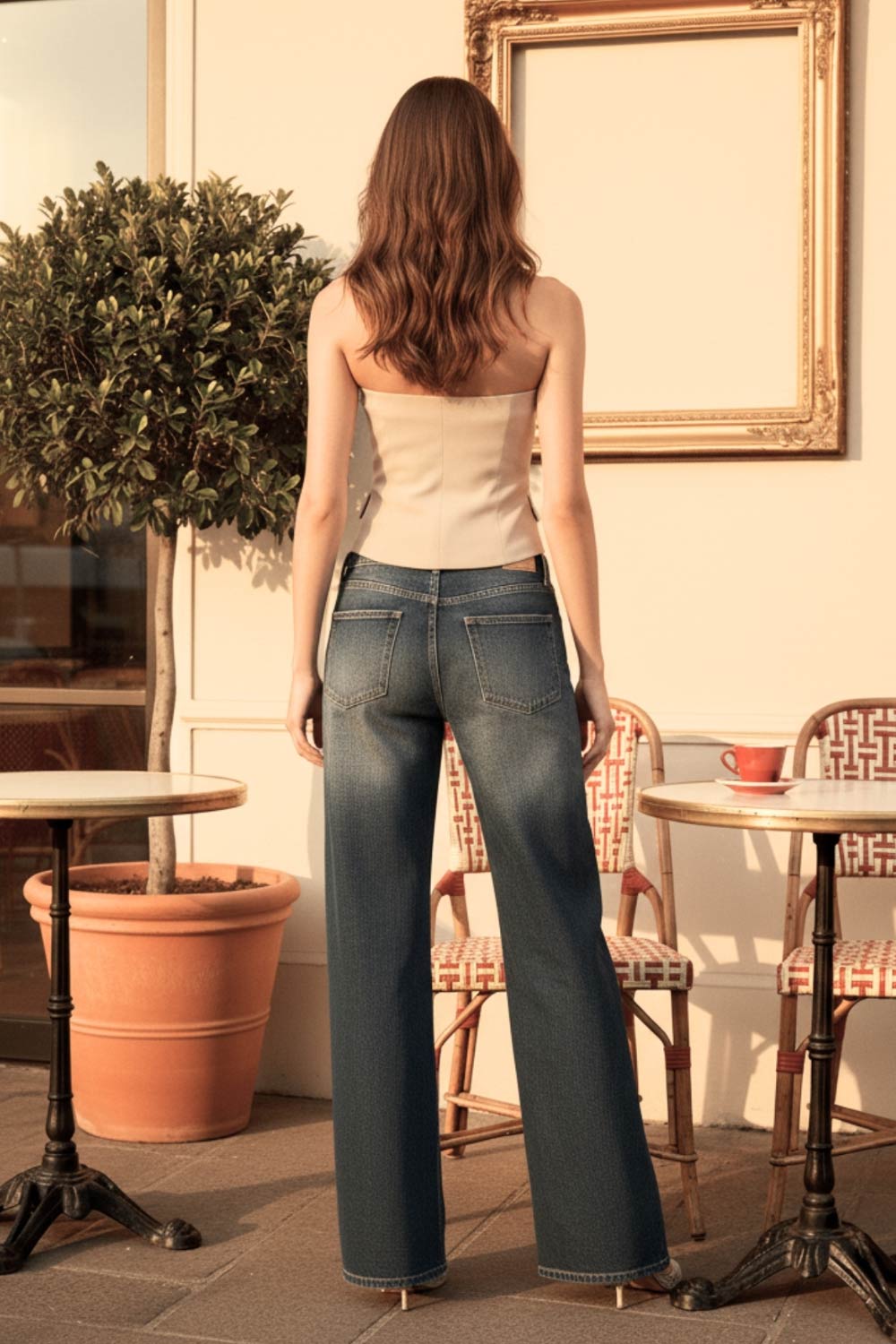 Top tubo de fit ajustado, strapless, escote corazón, bolsillos decorativos frontales con cartera y cierre frontal con hilera de botones en contraste.