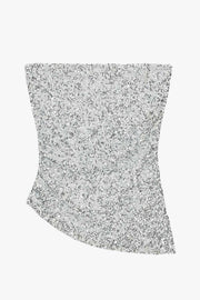 Top tubo de lentejuelas, fit ajustado, escote recto, plisados en costado y bajo diagonal asimétrico.