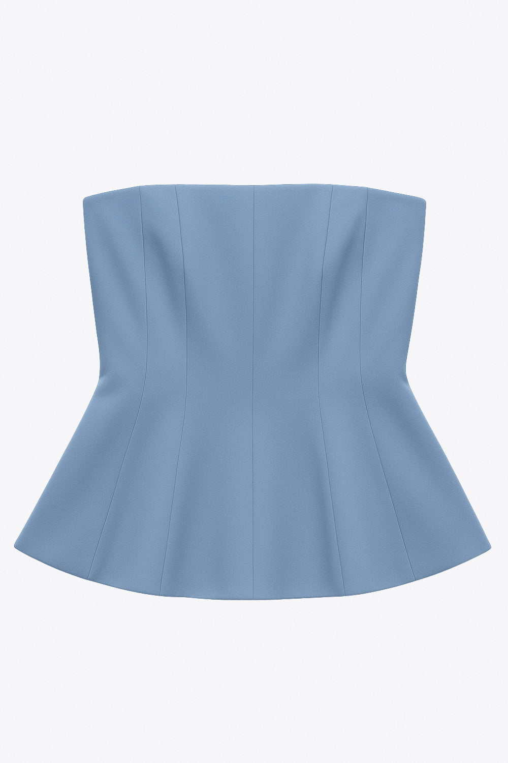 Top strapless de fit ajustado, escote recto, costuras decorativas y peplum con olanes. Cierre lateral con cremallera oculta.