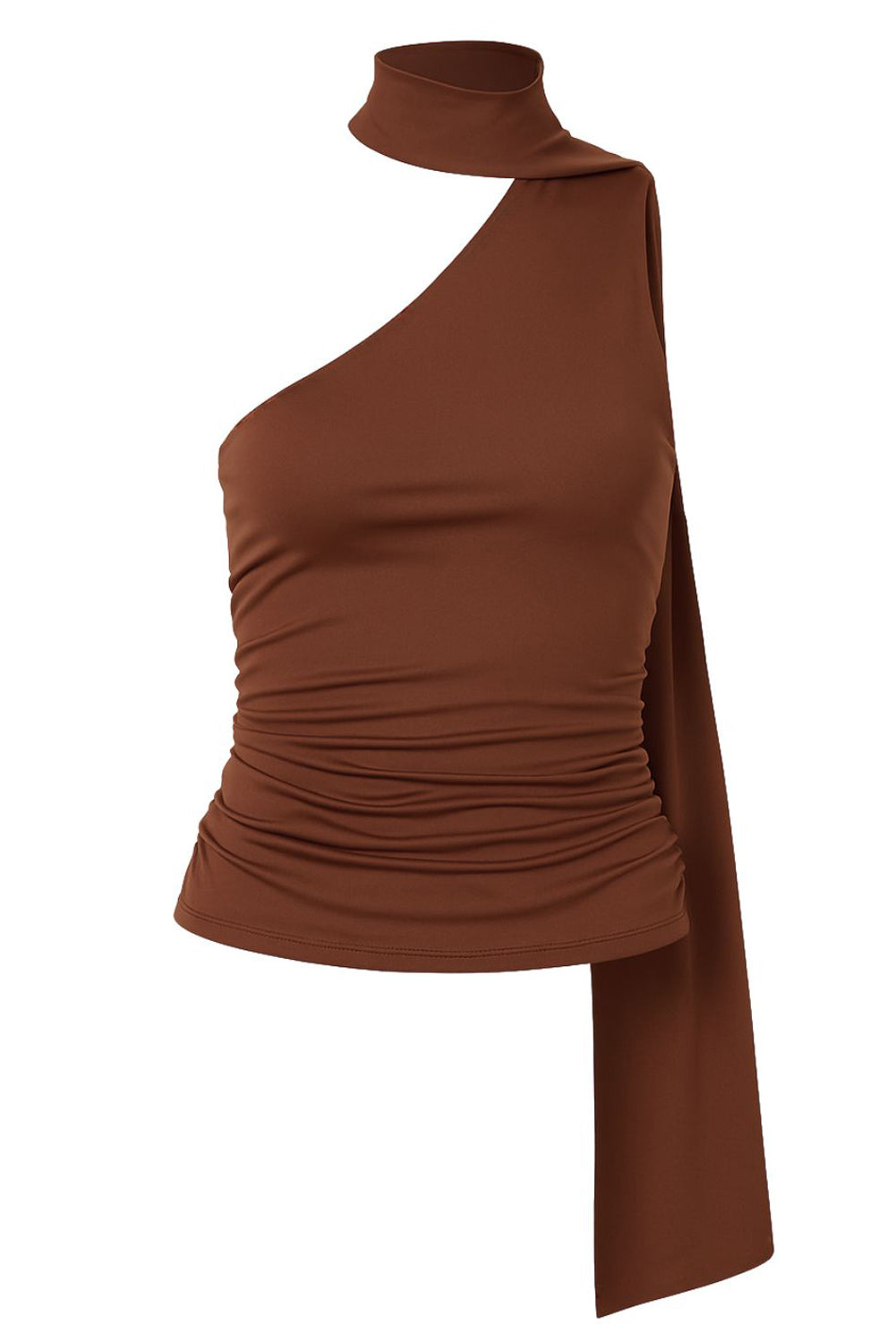 Top asimétrico de fit ajustado, sin mangas y escote diagonal con detalle de choker cruzado.