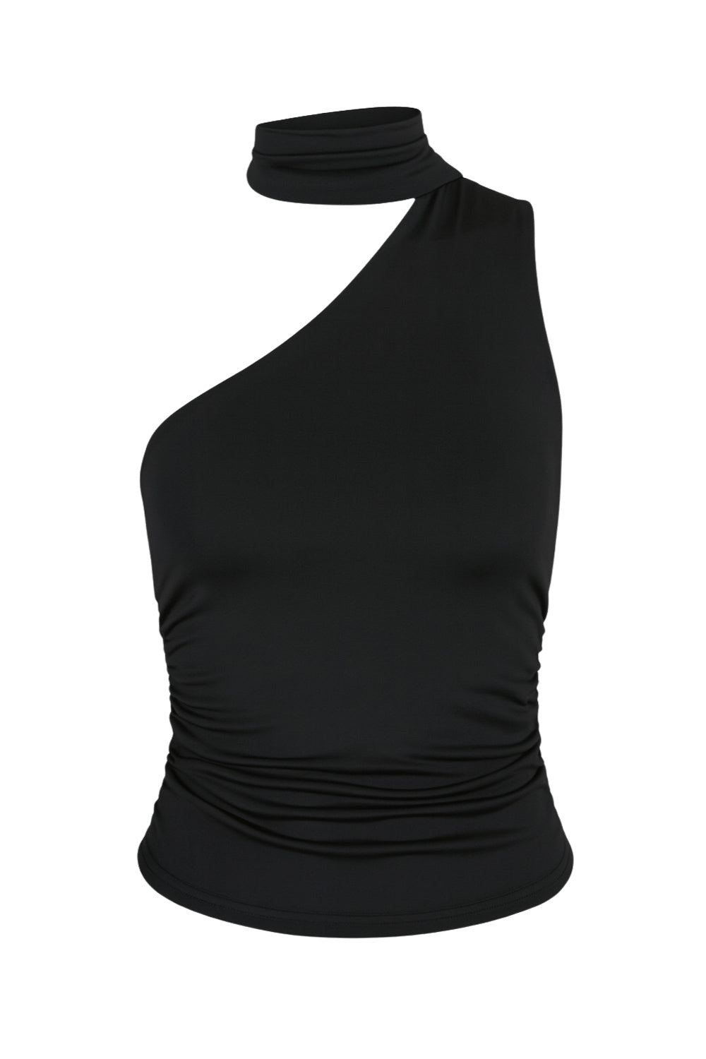 Top asimétrico de fit ajustado, sin mangas y escote diagonal con detalle de choker cruzado.