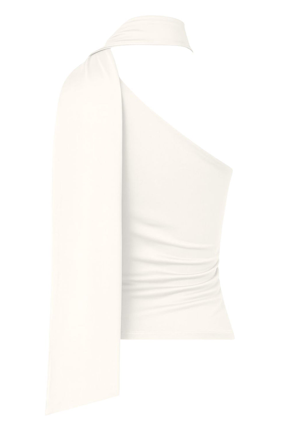 Top asimétrico de fit ajustado, sin mangas y escote diagonal con detalle de choker cruzado.