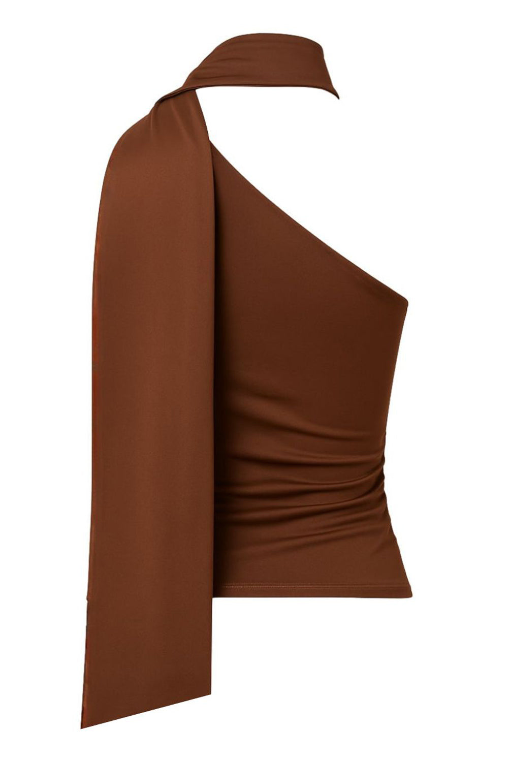 Top asimétrico de fit ajustado, sin mangas y escote diagonal con detalle de choker cruzado.