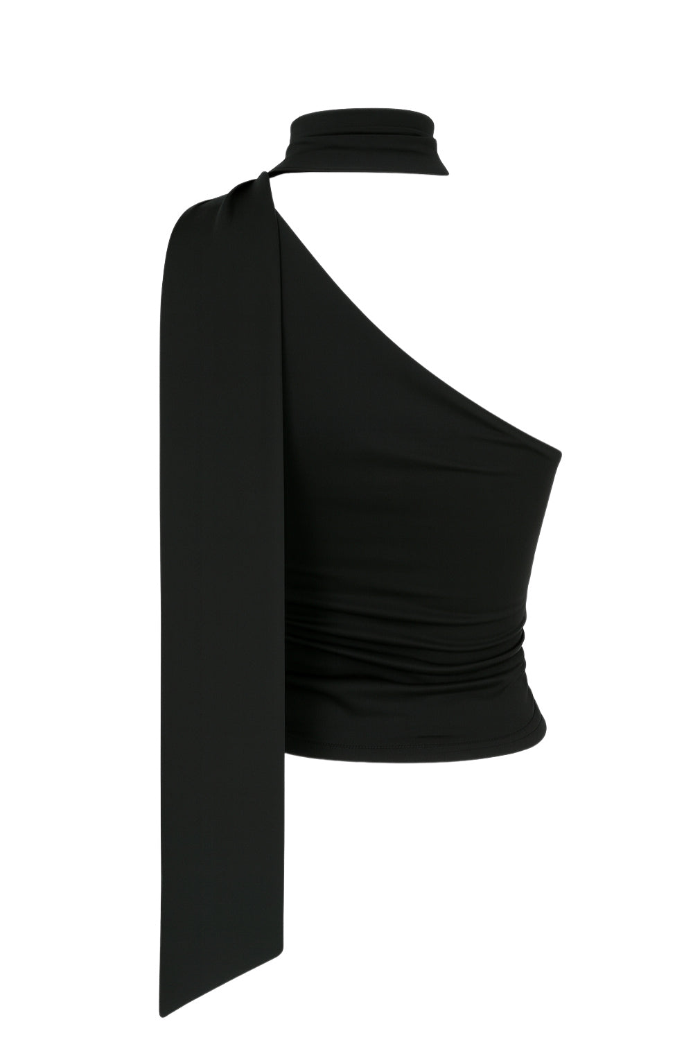 Top asimétrico de fit ajustado, sin mangas y escote diagonal con detalle de choker cruzado.