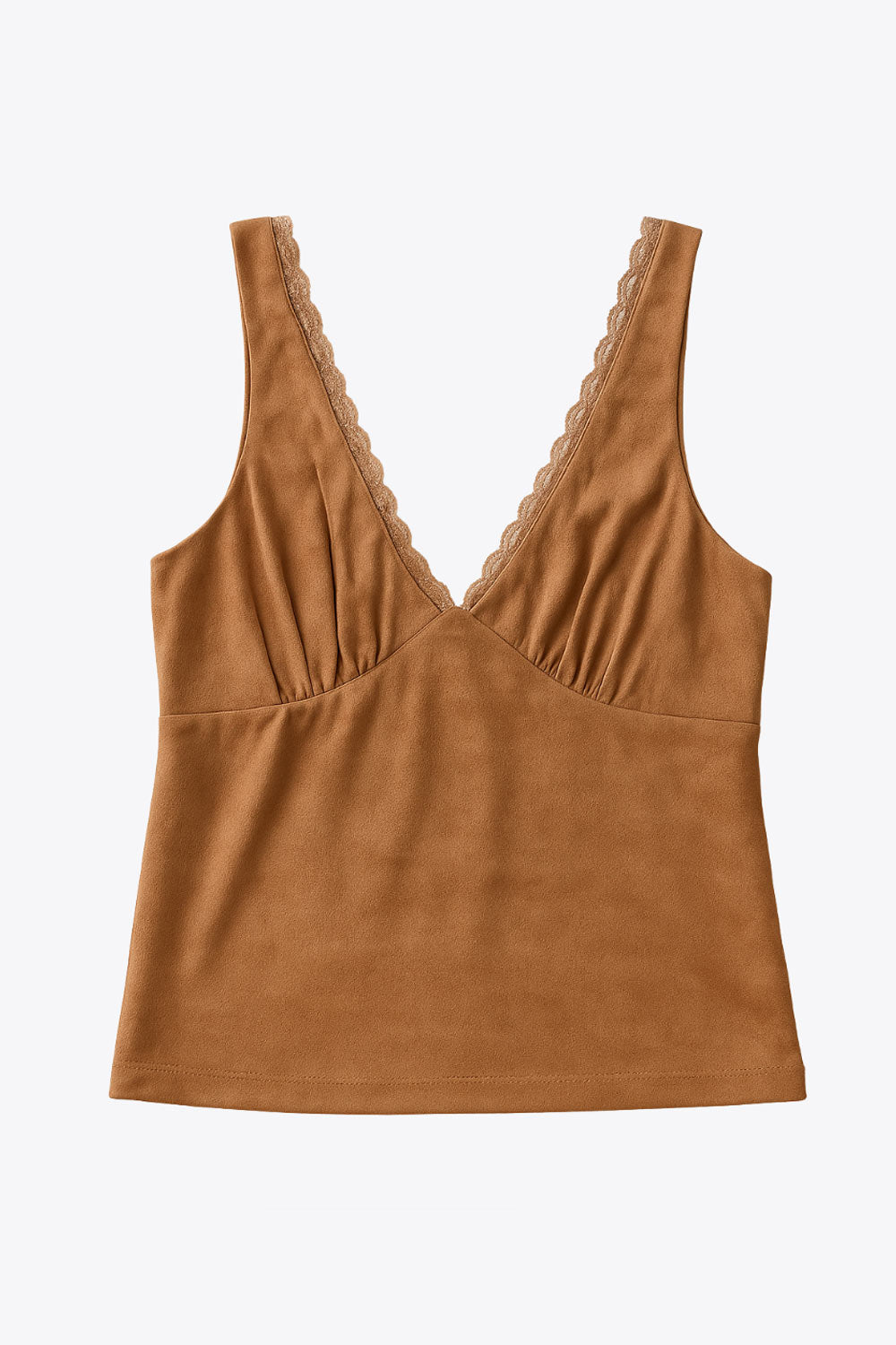 Top de gamuza, fit ajustado, escote v con encaje en bordes, sin mangas y cortes frontales decorativos con plisados.