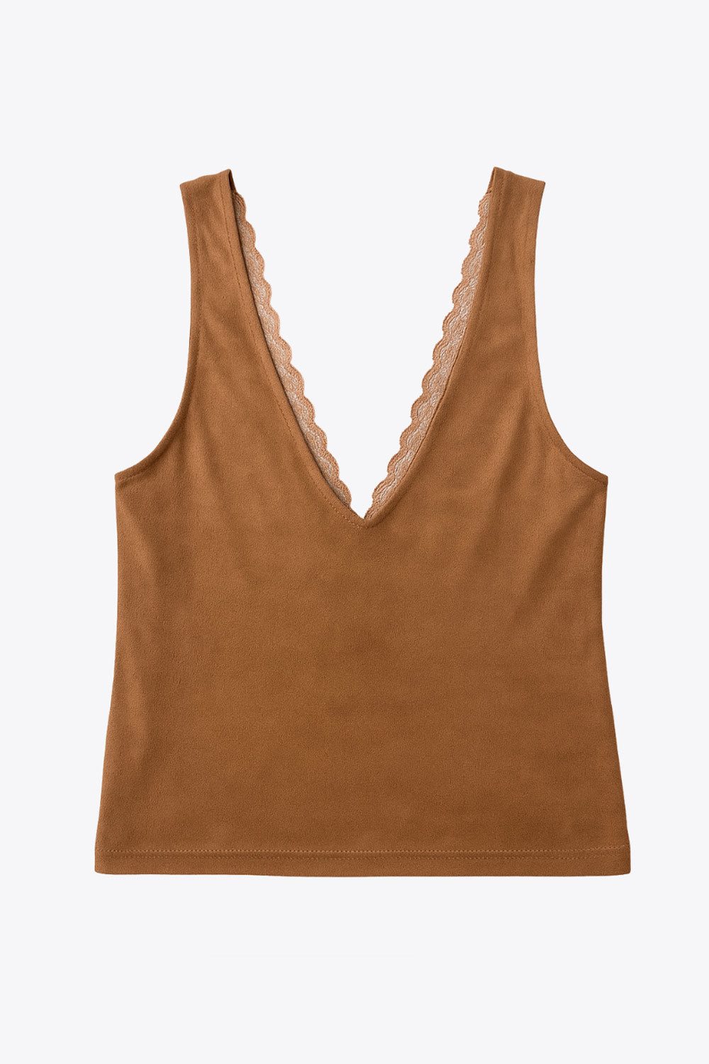 Top de gamuza, fit ajustado, escote v con encaje en bordes, sin mangas y cortes frontales decorativos con plisados.