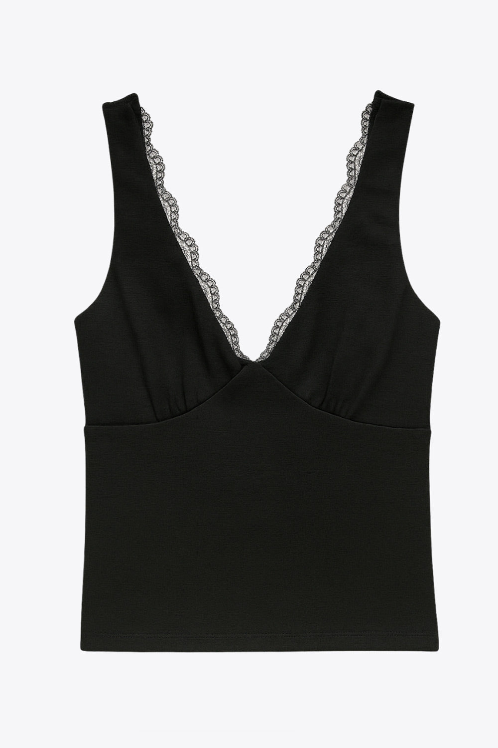 Top de fit ajustado, escote v con encaje en bordes, cortes frontales decorativos con plisados, sin mangas y detalle de textura en tejido.