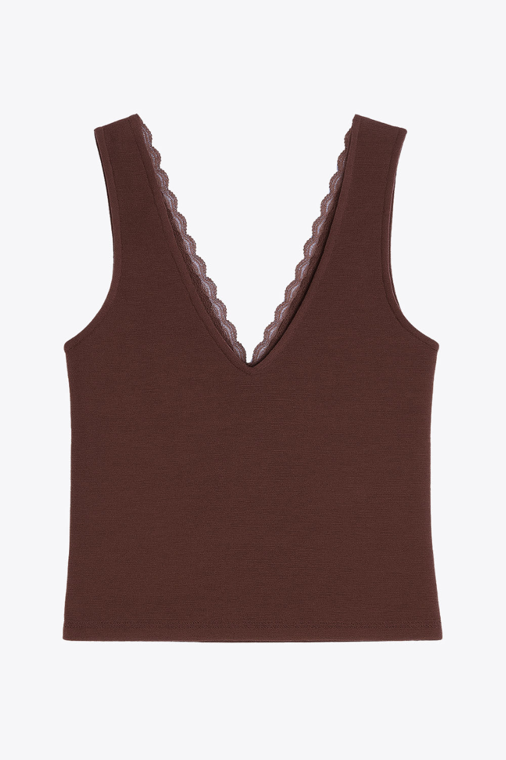 Top de fit ajustado, escote v con encaje en bordes, cortes frontales decorativos con plisados, sin mangas y detalle de textura en tejido.