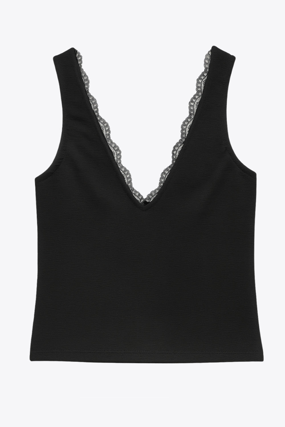 Top de fit ajustado, escote v con encaje en bordes, cortes frontales decorativos con plisados, sin mangas y detalle de textura en tejido.