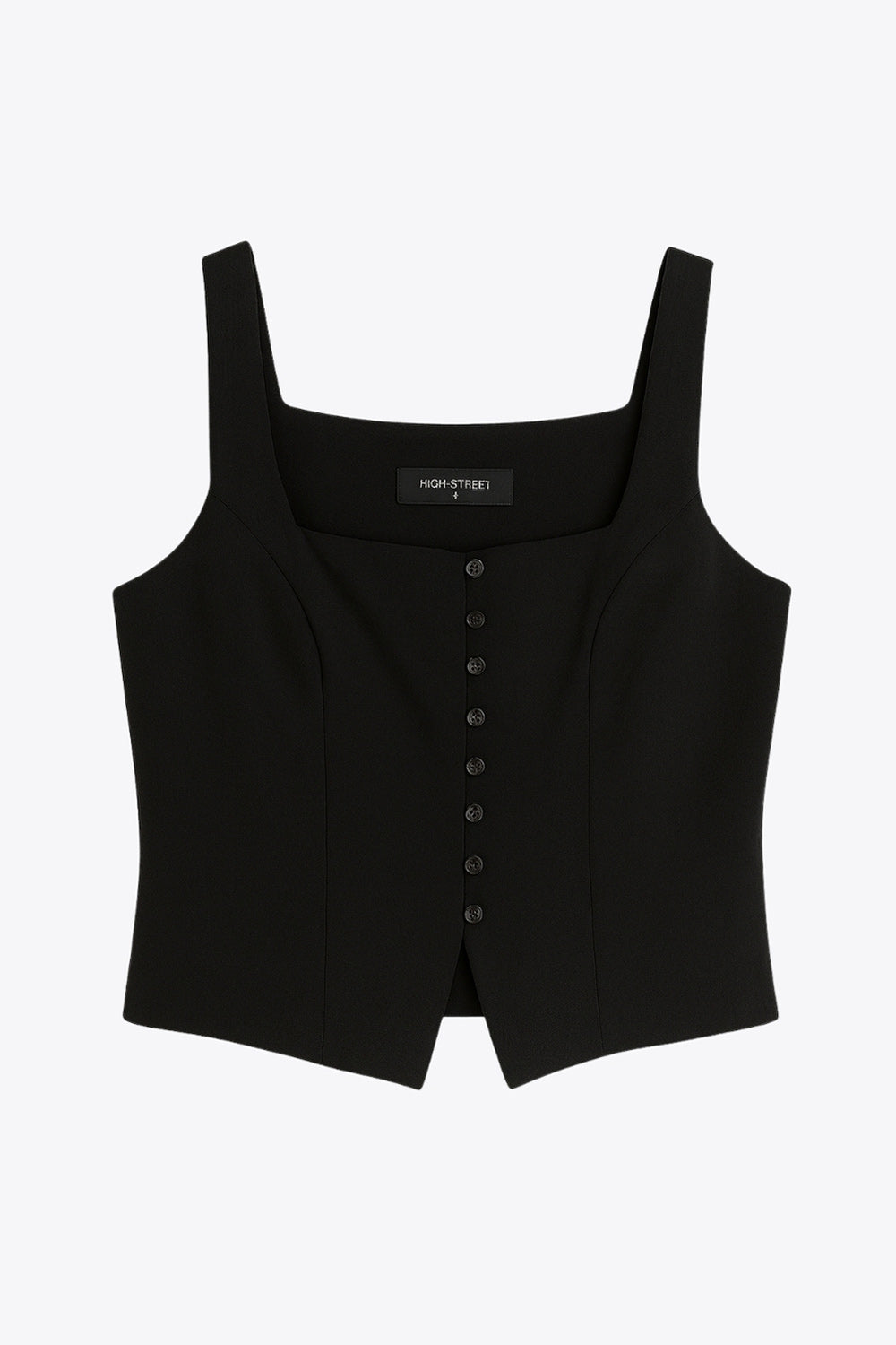 Top corto ajustado, sin mangas, de escote cuadrado, bajo frontal con abetura y hilera de botones en contraste.