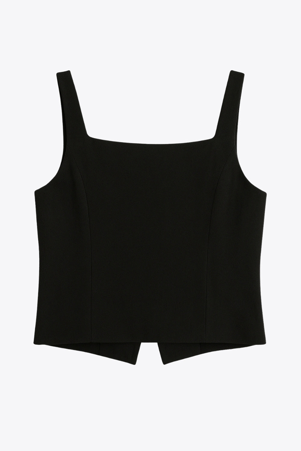 Top corto ajustado, sin mangas, de escote cuadrado, bajo frontal con abetura y hilera de botones en contraste.