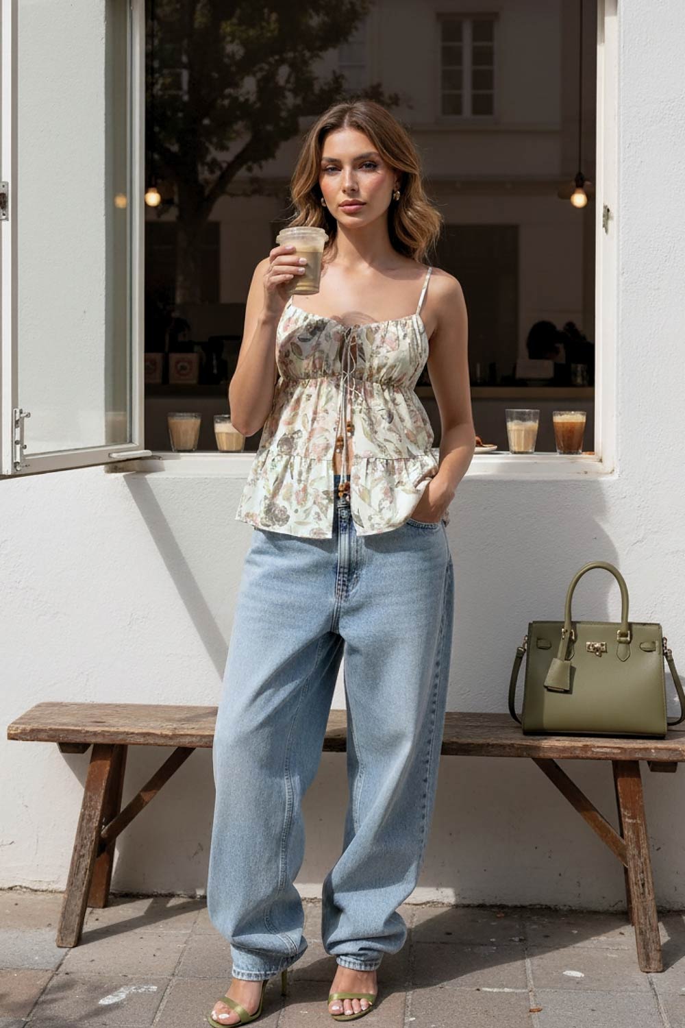 Top de tirantes delgados ajustables, estampado floral, corte en a, capas con olanes en bajo, escote v redondeado con plisados y cut out, abertura frontal y cierre con lazos amarrables. Detalle de fruncido en espalda y detalle decorativo en lazos.