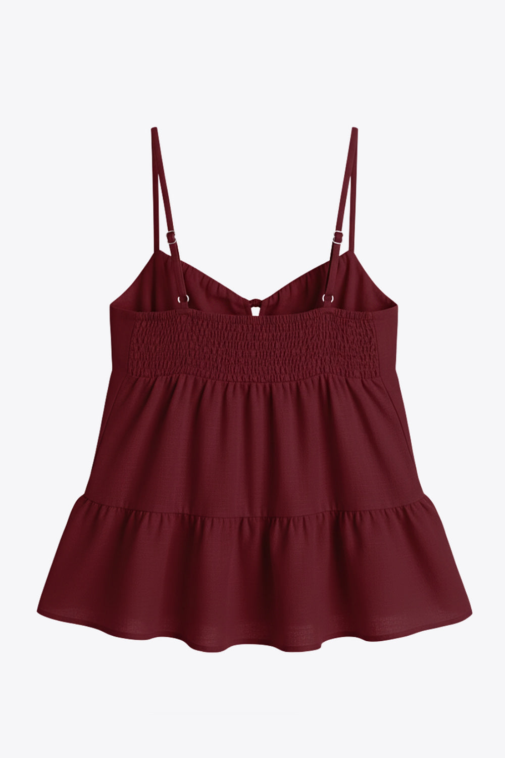 Top de lino, tirantes delgados ajustables, corte en a, capas con olanes en bajo, escote v redondeado con plisados y cut out, abertura frontal y cierre con lazos amarrables. Detalle de fruncido en espalda y detalle decorativo en lazos.