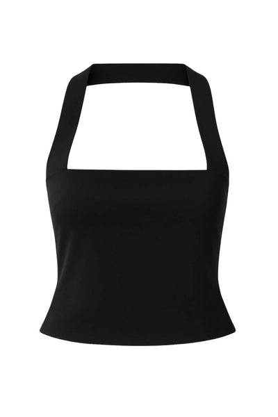 Top tubo de fit ajustado, escote recto, plisados en costados y detalle decorativo posterior de choker.