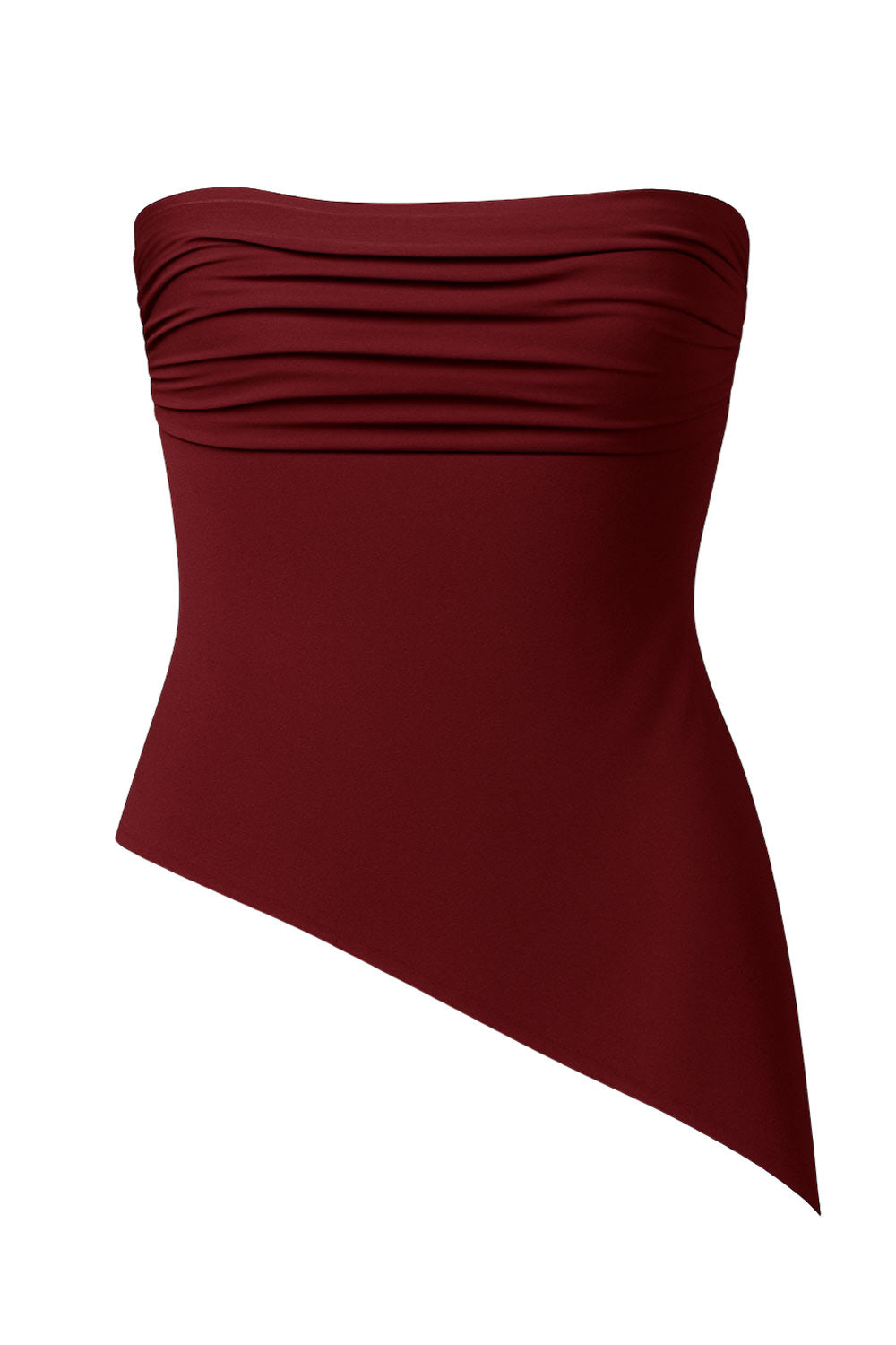 Top tubo de fit ajustado, escote recto con detalles plisados laterales y bajo diagonal asimétrico con rib en borde.